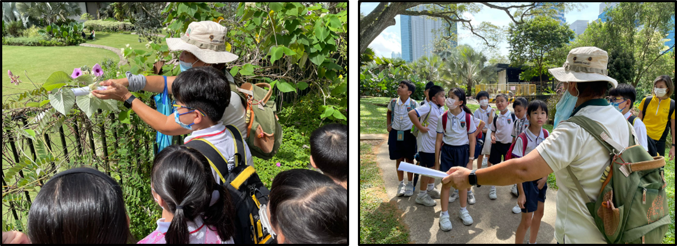 Guide in sun hat shows paper to schoolchildren; other photo shows kids gathered around a flowering vine fence.